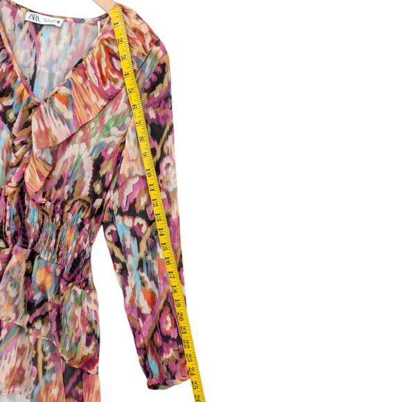Zara Mini Ruffle Dress Multicolor Long Sleeve Smocked Tiered Sheer Size S - Picture 8 of 10